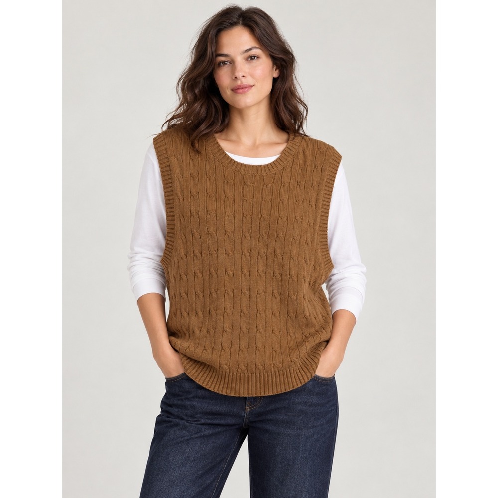 J.Crew Womens Brown Cable Knit Cotton Sweater Vest XXL BS916 Preppy Layering